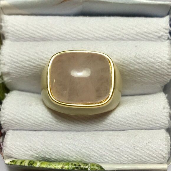 Vintage Rose Quartz Ring Gold Tone Cream Enamel Wide Band Size 7 - Picture 12 of 12